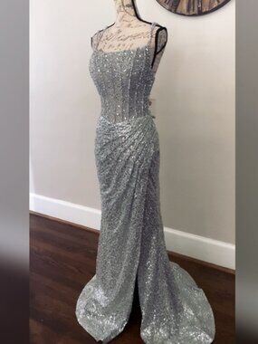 Sparkly silver prom dress or pageant evening gown